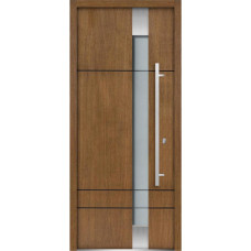 Front Exterior Prehung Frosted Glass Steel Door / Deux 1713 Natural Oak / Stainless Inserts Single Modern Veneer