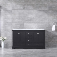 Dukes Espresso Double Bathroom Vanity, White Carrara Marble Top, and White Square Sinks
